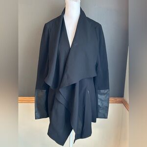 Rudsak Open Front Drape Jacket Black Polyester Leather Trim NO BELT Size Medium